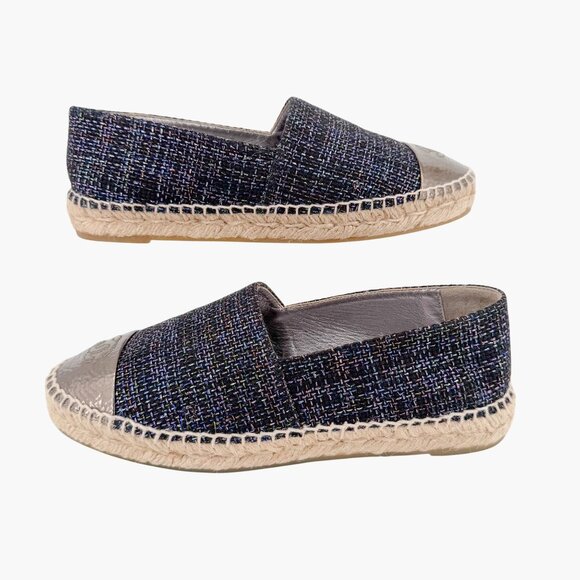 Chanel CC Cap Toe Espadrilles EU 39 US 8-8.5 Navy Metallic Tweed Slip On Flat - Picture 7 of 12